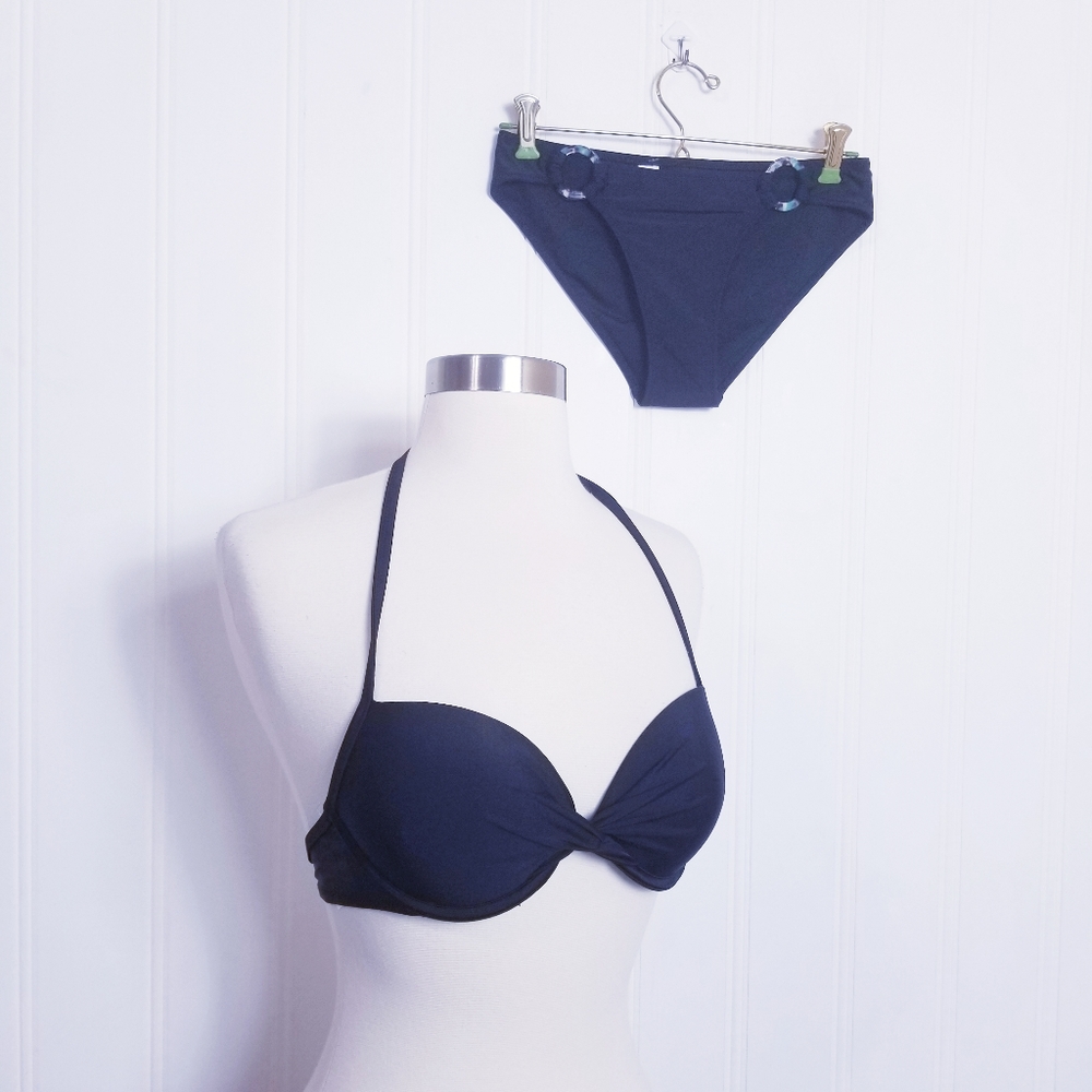 Aerie Black Halter Bikini Set 32C XS Padded Ring Detail Swim NWT